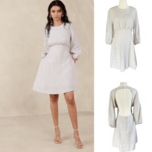 Banana Republic Linen Open Back Balloon Sleeve Mini Dress Oatmeal Size 14